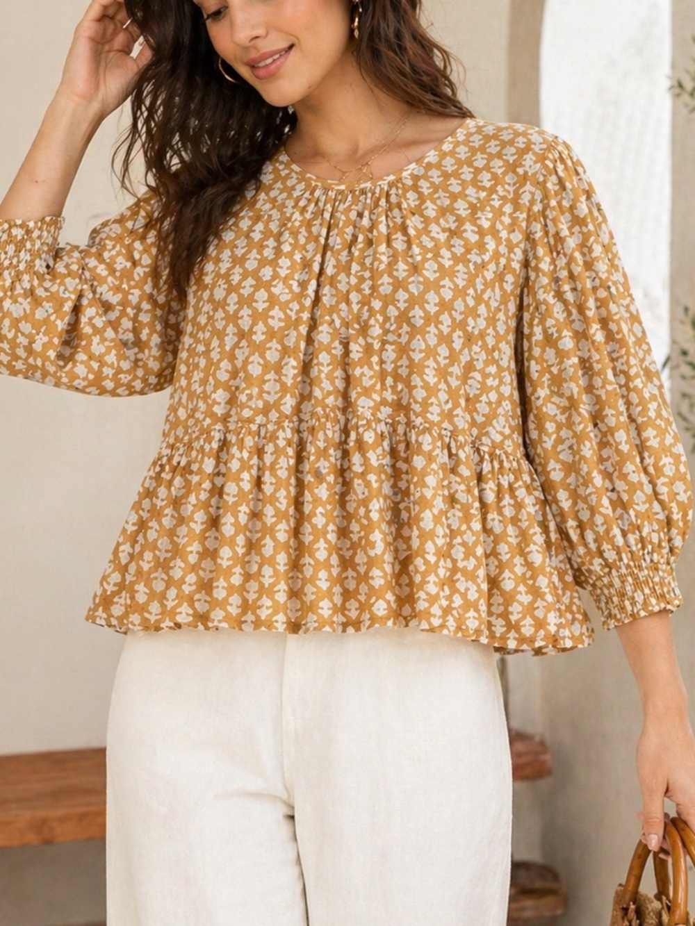 Perry Walker Cotton Peplum Blouse Mustard Floral Boho Cottagecore Size 1/ XS-S